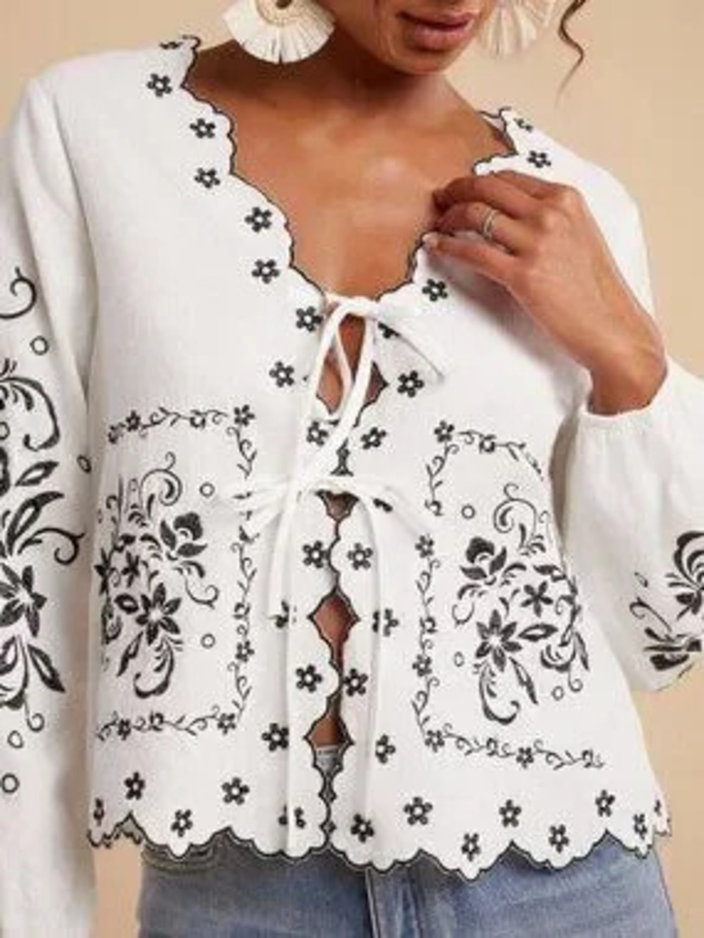 ZARA White Boho Tie-Front Women's Loose Vacation Blouse